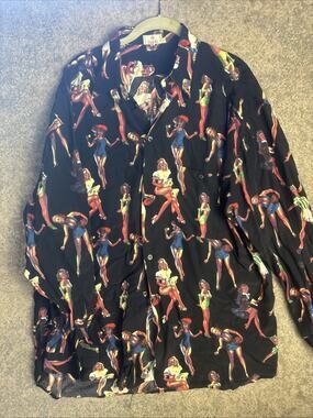 Vintage Zanella Pin Up Girl Shirt Men’s Large Black All Over Print Made in Italy